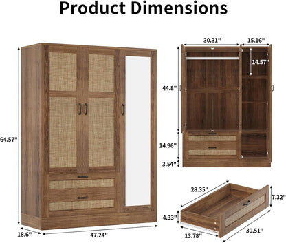 Rattan Armoire Wardrobe Closet with Full Length Mirror, 3 Doors Wardrobe Cabinet with 2 Drawers, Farmhouse Boho Armoire with Hanging Rod for Bedroom