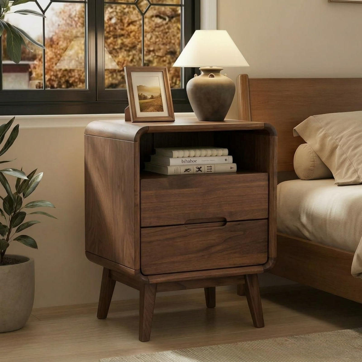 Solid Wood Nightstand Set of 2, Mid Century Modern Nightstand with Drawers, Natural Wood Nightstand with Storage, Wooden Night Stand, Small Nightstands, Bedside Table for Bedroom(23.23" H)