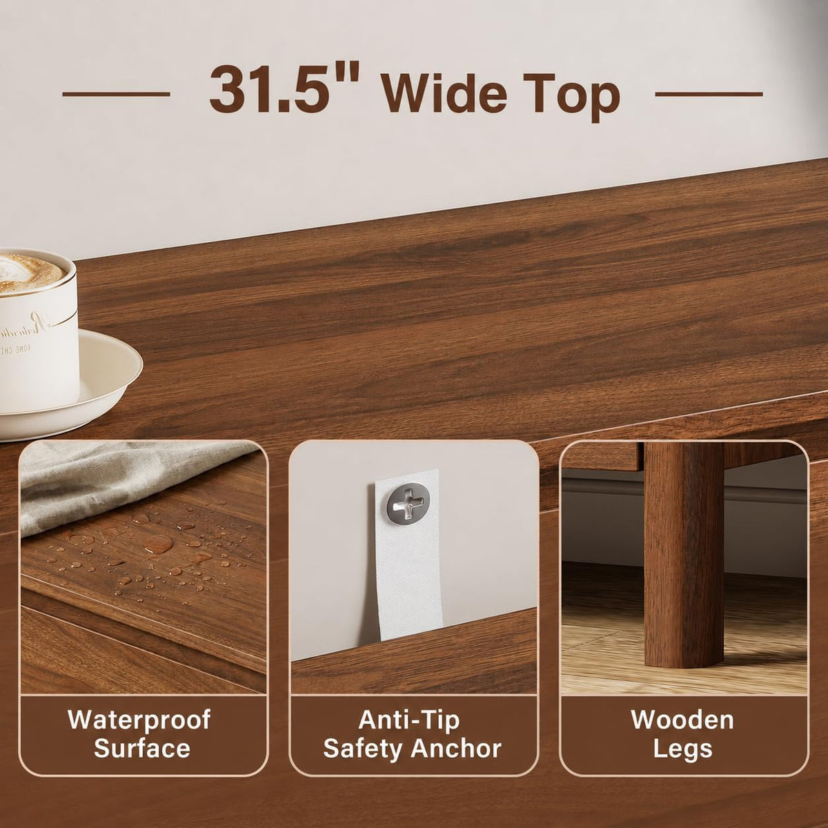 Furniway 31.5" Wide 3 Drawer Wood Dresser for Bedroom with Legs, Walnut