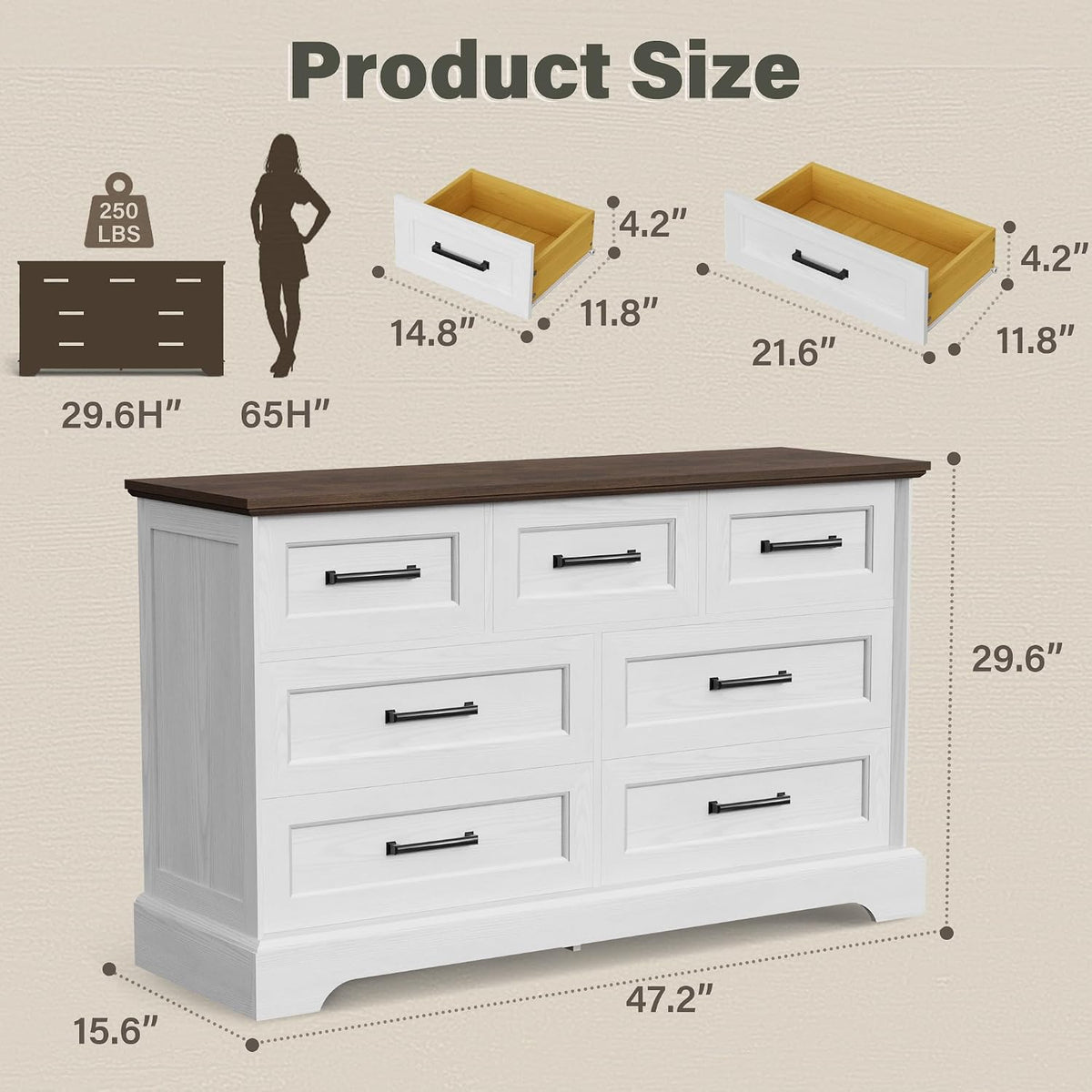 YESHOMY Dresser for Bedroom, Farmhouse 7 Drawers Dressers, White and Brown