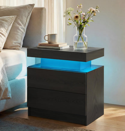 i-aplus Black Modern LED Nightstand Set of 2 with 2 Wood Drawer for Bedroom