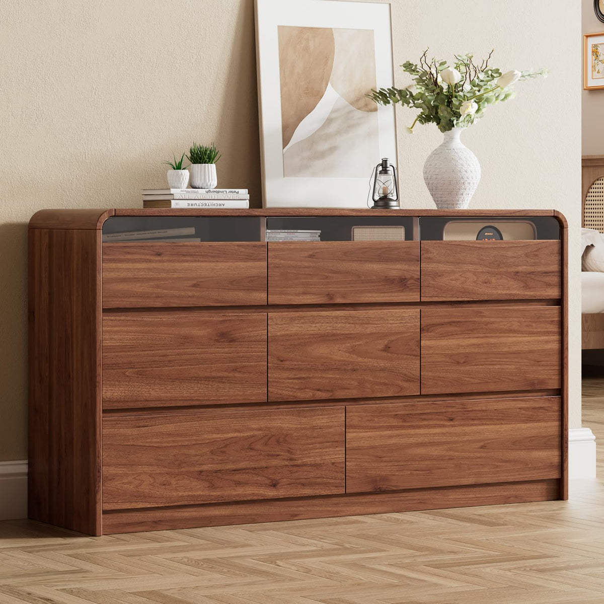 Ieejdn Dresser for Bedroom with 9 Drawers, 63" Modern Chest of Drawers, Dresser TV Stand, Wood Drawer Organizer for Living Room, Hallway, Tan