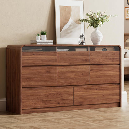 Ieejdn Dresser for Bedroom with 9 Drawers, 63" Modern Chest of Drawers, Dresser TV Stand, Wood Drawer Organizer for Living Room, Hallway, Tan