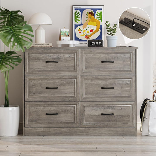Fameill Dresser for Bedroom, 6 Drawer Wide Dresser Organizer with Charging Station, Tall Dresser for Hallway, Wood Dresser with Metal Handles, Ash Grey