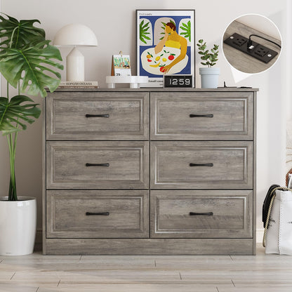Fameill Dresser for Bedroom, 6 Drawer Wide Dresser Organizer with Charging Station, Tall Dresser for Hallway, Wood Dresser with Metal Handles, Ash Grey