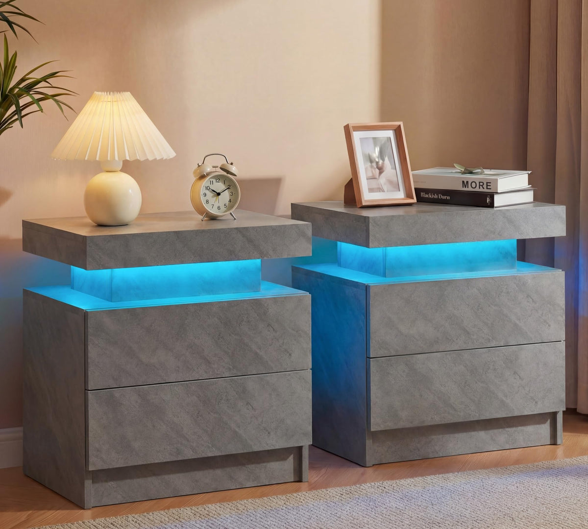i-aplus Black Modern LED Nightstand Set of 2 with 2 Wood Drawer for Bedroom