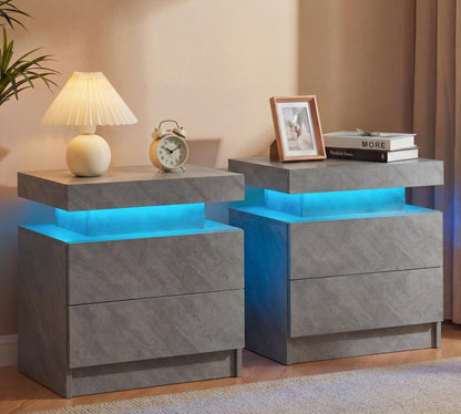 i-aplus Black Modern LED Nightstand Set of 2 with 2 Wood Drawer for Bedroom