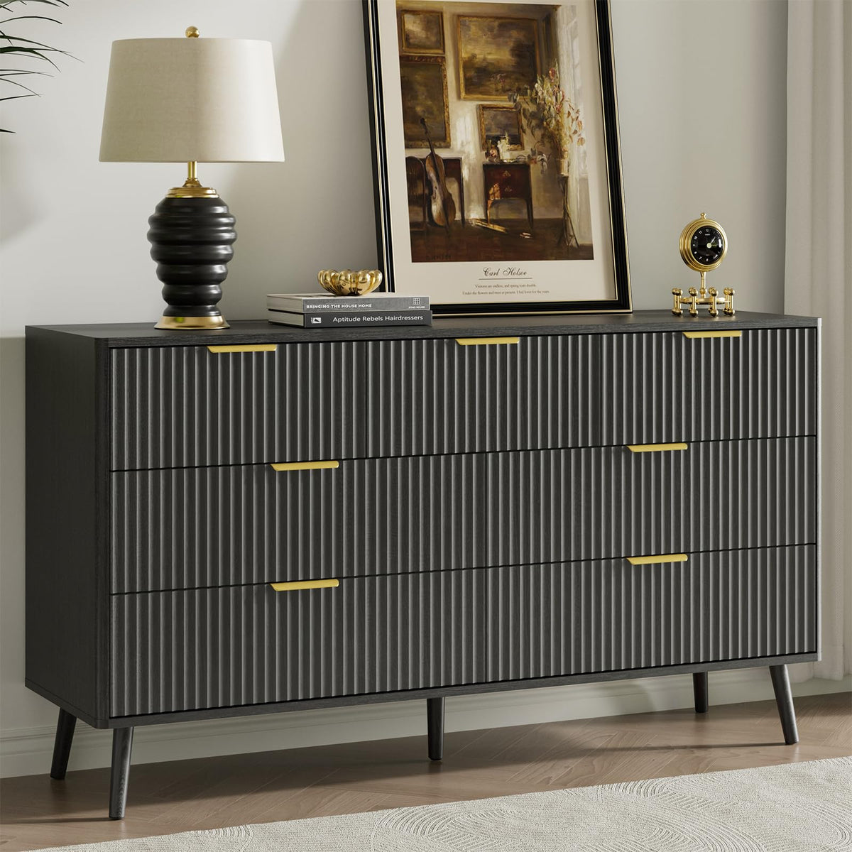 LYNSOM 55" Wide Fluted Dresser for Bedroom with 6 Drawer, Modern Chest of Drawers with Curved Profile Design and Metal Handles, Wood Dresser TV Stand & Storage Organizer for Living Room, Walnut