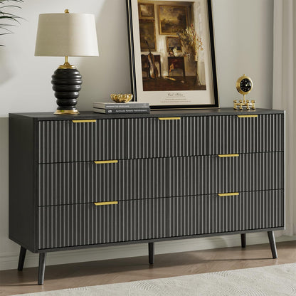 LYNSOM 55" Wide Fluted Dresser for Bedroom with 6 Drawer, Modern Chest of Drawers with Curved Profile Design and Metal Handles, Wood Dresser TV Stand & Storage Organizer for Living Room, Walnut