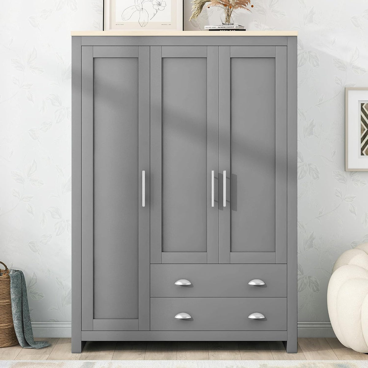 3 Doors Armoire Wardrobe Closet with 2 Drawers, 67.9" H Wooden Closet Wardrobe Cabinet with 2 Hanging Rods and Shelves, Freestanding Clothes Storage Cabinet for Bedroom, Gray