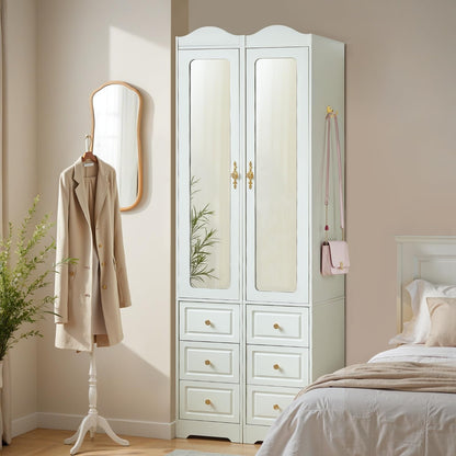 Armoire Wardrobe Closet, Green Bedroom Armoires Cabinet with Mirror Door and 6 Drawers, 69.5" H Wood Clothing Storage Cabinet with Hanging Rod & Sensor Light for Bedroom-(Left+Right)