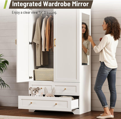 Armoire Wardrobe Closet with 2 Drawers & Mirror, White