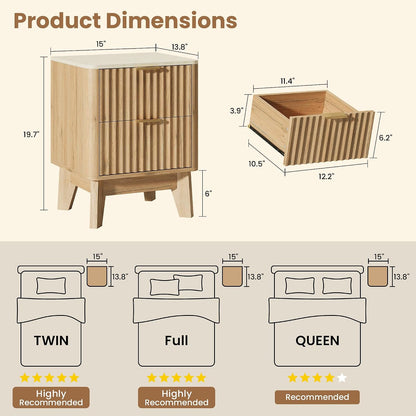 Fluted Nightstand Set of 2 with Faux Marble Top,Natural Oak