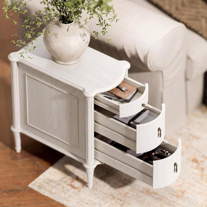 STO'SENSE Nightstand w/Charging Station & 3 Drawers, Pre-Assembled, Vintage Side Table w/Antique-Finished Pulls, Rustic Wood Finish, Narrow End Table w/Turned Legs for Bedroom (1, Ivory White)