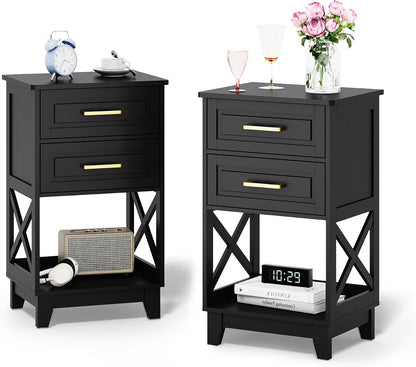 RoyalCraft 30" Tall Nightstand, Modern Painted Bedside Table with 2 Drawers and Open Shelf, Wood Side Table for Bedroom, Home Office, Black-Open Shelf Below, Set of 2