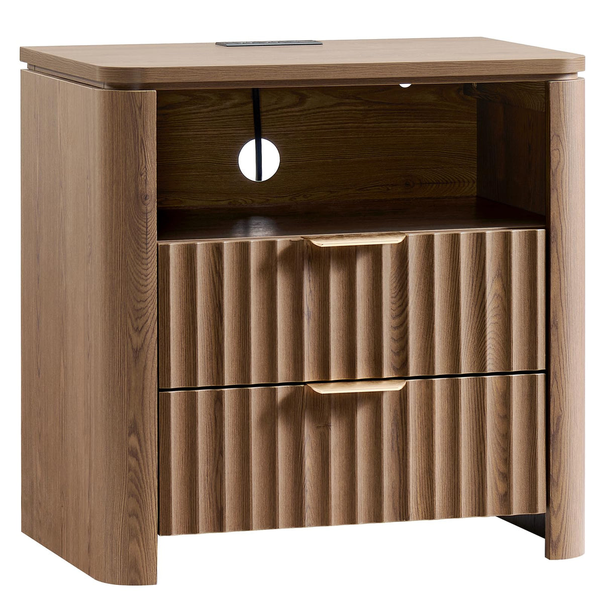 Fluted Nightstand Set of 2 with Charging Station, 23.7" Wide Modern End Table with 2 Drawers, Wooden Bedside Table for Bedroom, Curved Profile Design, Natural