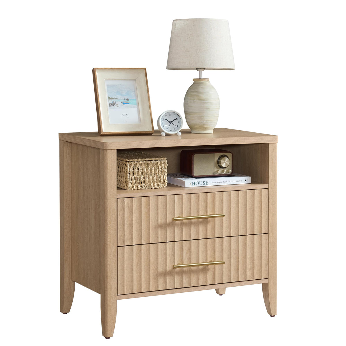 Fluted Nightstand Set of 2 with Charging Station, 23.7" Wide Modern End Table with 2 Drawers, Wooden Bedside Table for Bedroom, Curved Profile Design, Natural