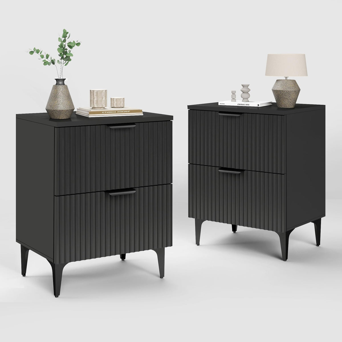 Walnut Fluted Nightstand Set of 2, Modern Night Stands with 2 Drawers