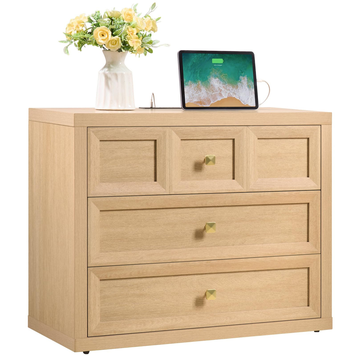 Nightstand Set of 2 W/Charging Station, 30.7" W King Size Bedside Table with 3 Drawers, Accent End Table W/Large Storage, Modern Wood Side Table for Bedroom,Office, Beige