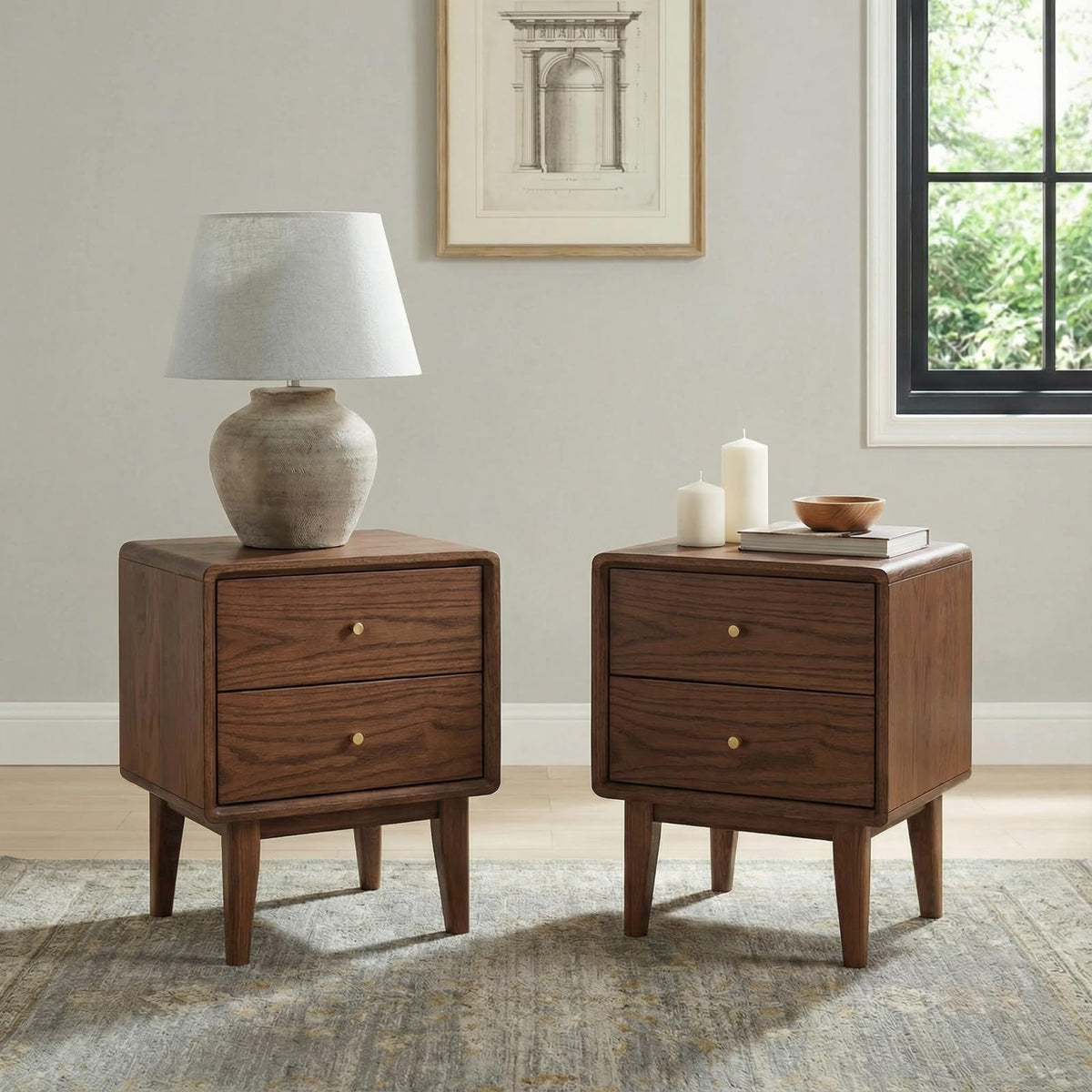 Solid Oak Wood Nightstand Set of 2, Natural Wood Nightstand with 2 Drawers, Mid Century Modern Night Stand, Wood Bedside Table Set of 2, Small Night Stand for Bedroom(19.69" H)
