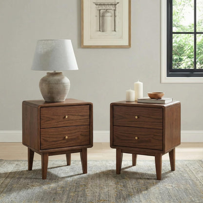 Solid Oak Wood Nightstand Set of 2, Natural Wood Nightstand with 2 Drawers, Mid Century Modern Night Stand, Wood Bedside Table Set of 2, Small Night Stand for Bedroom(19.69" H)