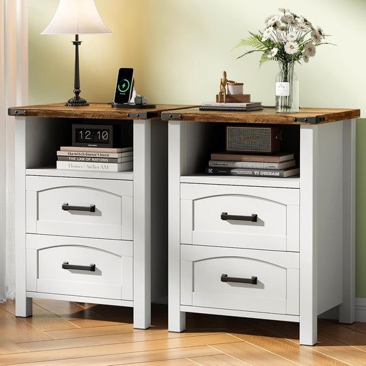 Decofy Farmhouse Nightstand Set of 2 with Charging Station, 2 Drawers