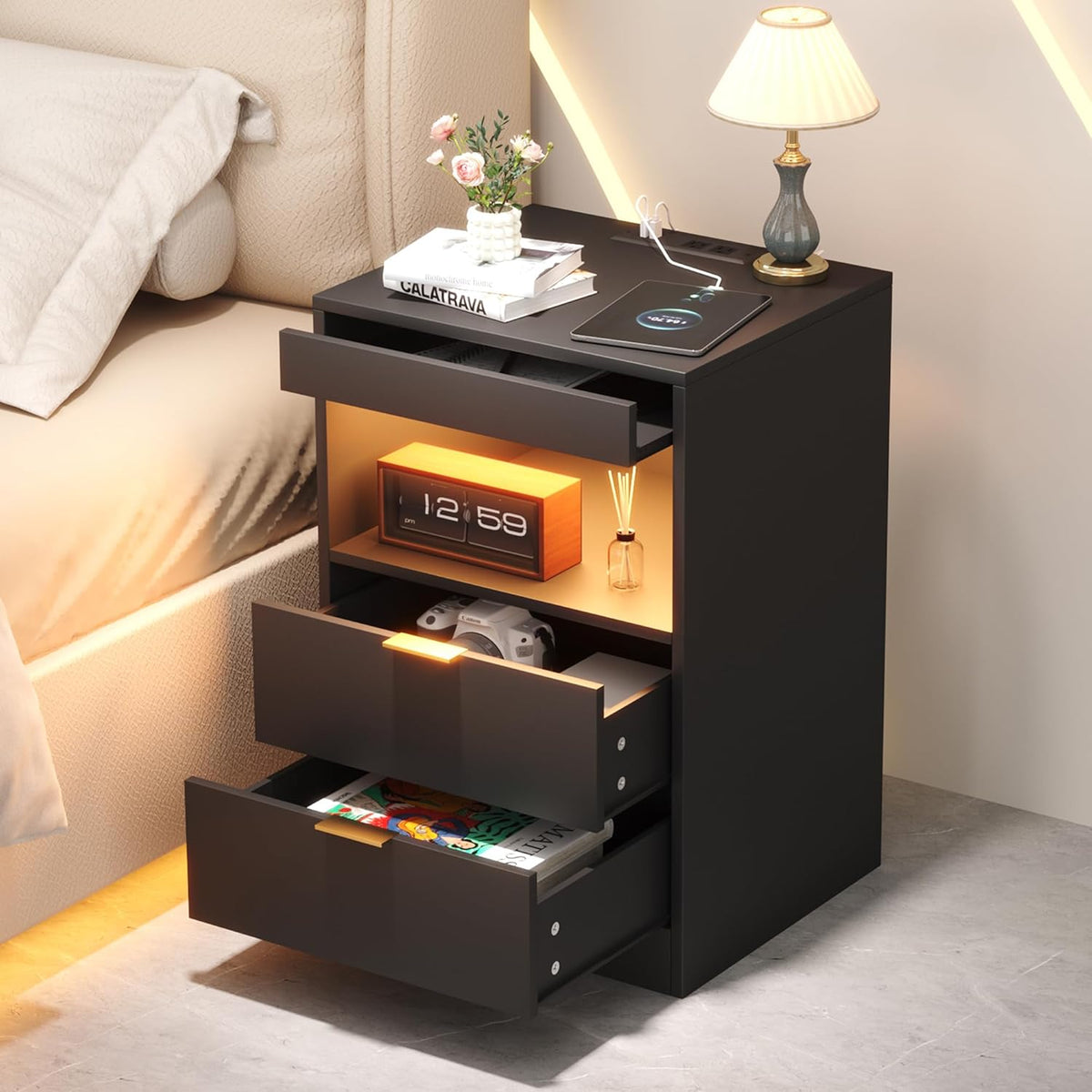 Yusong RGB LED Nightstand with Charging Station, Black
