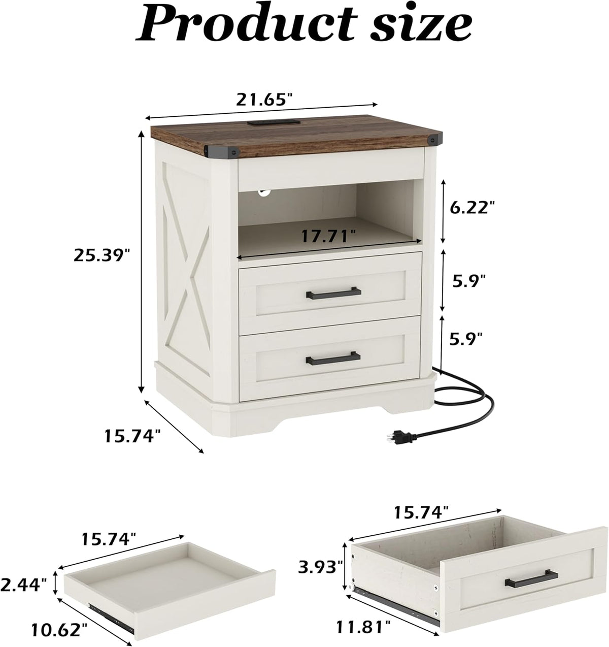 Yusong Farmhouse Night Stand with Gun Drawer & Invisible Lock, Rustic Wooden Night Stand with Charging Station, Beside Table with Drawers and Open Storage, End Tables for Bedroom, (White 004)
