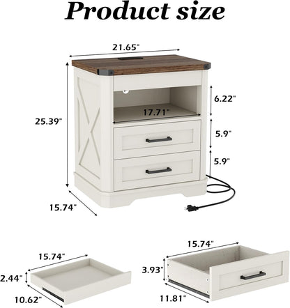 Yusong Farmhouse Night Stand with Gun Drawer & Invisible Lock, Rustic Wooden Night Stand with Charging Station, Beside Table with Drawers and Open Storage, End Tables for Bedroom, (White 004)