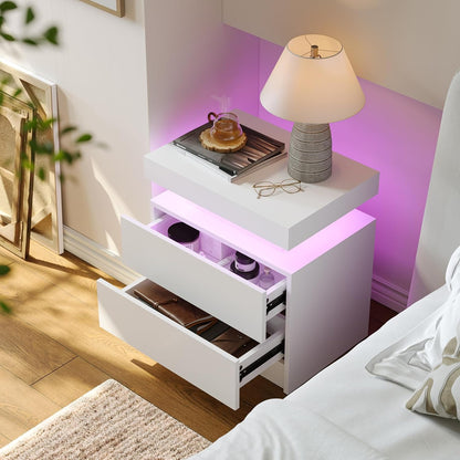 Modern White LED Nightstand for Bedroom Bedside Table with 2 Wood Drawers