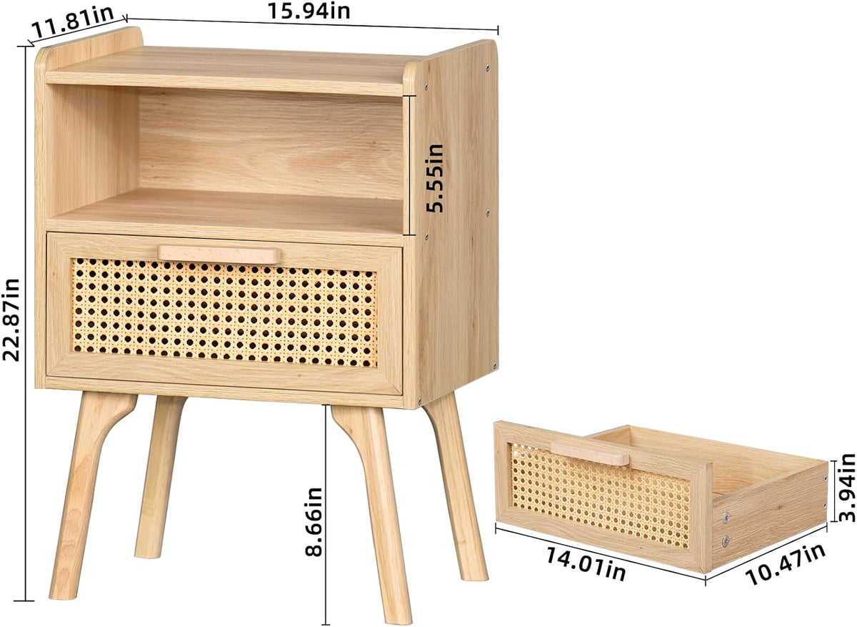 Lerliuo Rattan Nightstand, Boho Side Table with Drawer Open Shelf