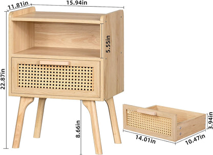 Lerliuo Rattan Nightstand, Boho Side Table with Drawer Open Shelf
