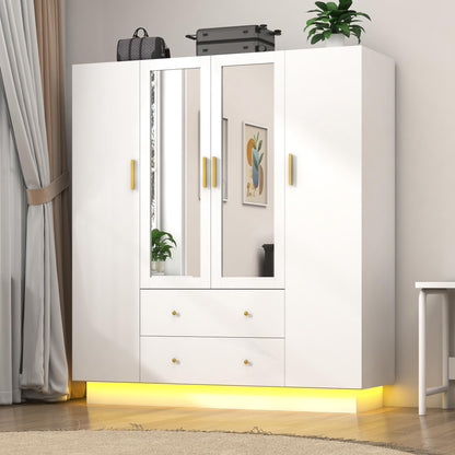 jiteentarou 3 Door Wardrobe Closet with Mirror and LED Lights, Bedroom Armoire with Drawers Shelves, Modern Wooden Armoire Wardrobe Closet with Hanging Rod for Bedroom, Black