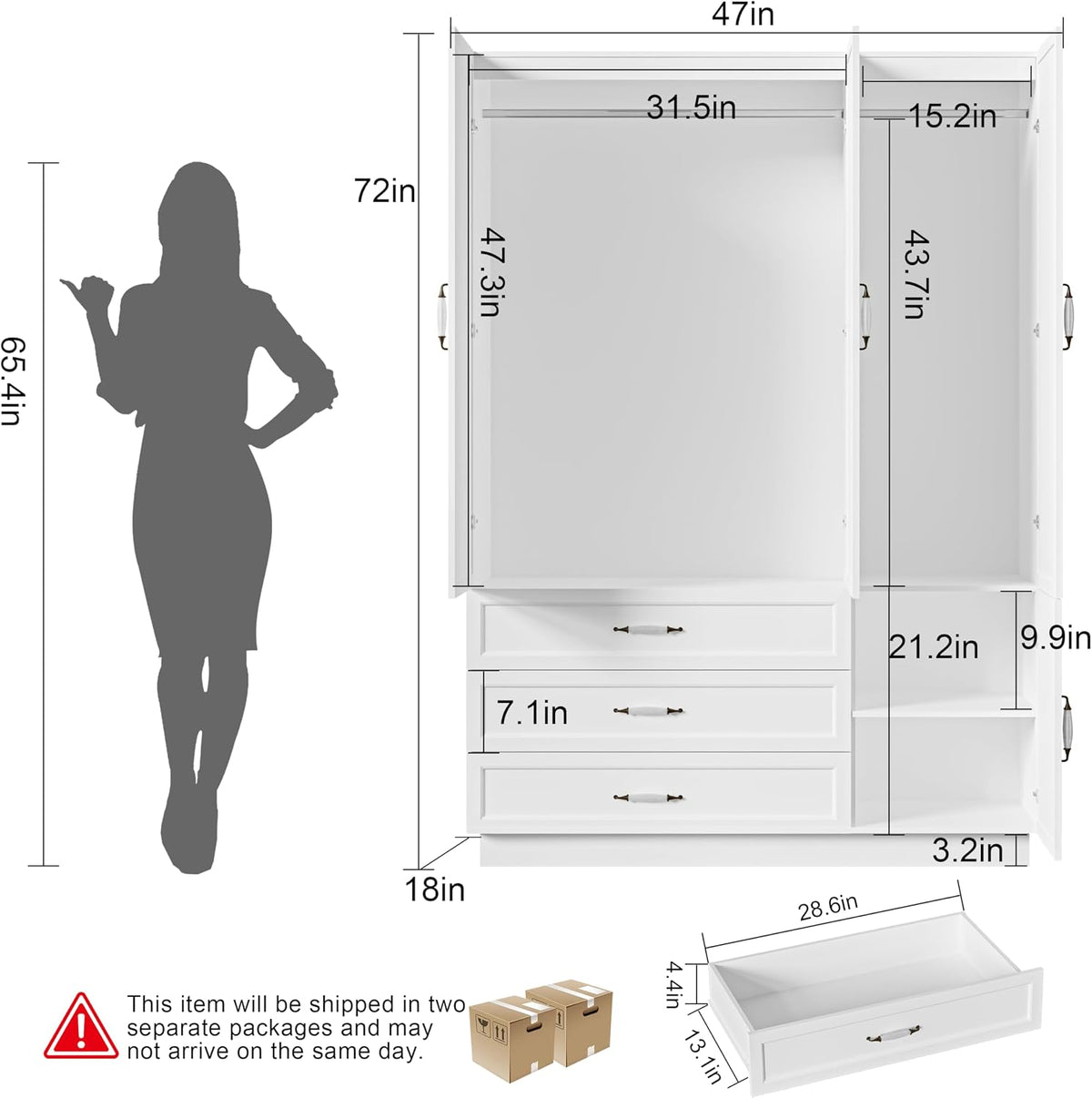 72" Wooden Armoire Wardrobe Closet with 3 Door Bedroom Armoire with LED Light 3 Drawers Large Modern Wardrobe Cabinet with Retro Ceramic Door Handles and Removable Hanging Rod White