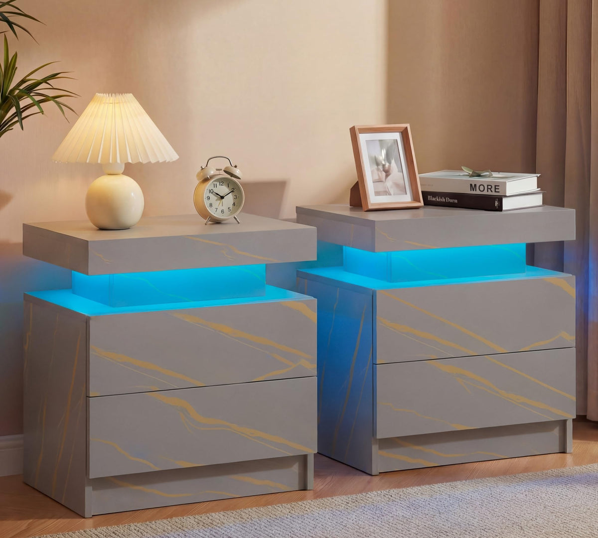 i-aplus Black Modern LED Nightstand Set of 2 with 2 Wood Drawer for Bedroom