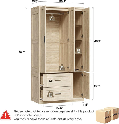 ANCTOR 70.6 Inch Armoire Wardrobe Closet with Drawers (Light Oak)