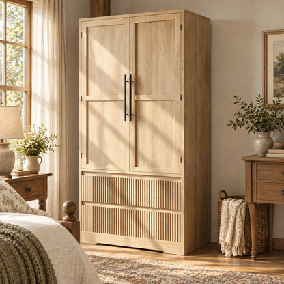 IDEALHOUSE 2 Fluted Drawer Armoire Wardrobe Closet with Glass Door, Farmhouse Freestanding Wooden Armoire Closet w/Hanging Rod, Storage Shelf, Clothing Storage Cabinet, Sturdy, for Bedroom, Natural