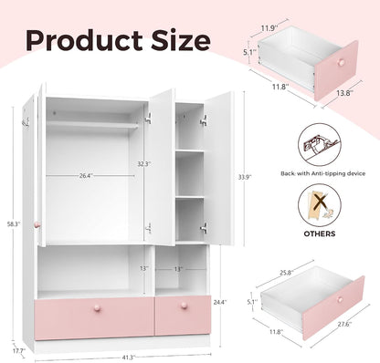 White Armoire Wardrobe Closet with Hanging Rod - Freestanding 3-Door Wooden Wardrobe Cabinet Closet for Bedroom & Dorm, Bedroom Armoires, Features Adjustable Shelves and Drawers for Toys & Clothes