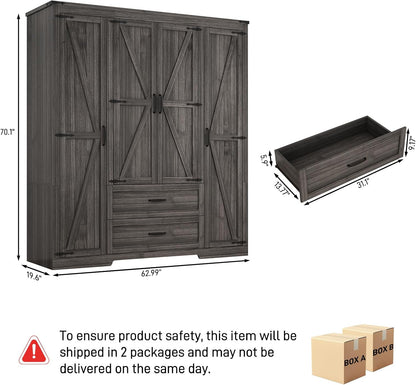 Hlivelood 4 Doors Wardrobe Armoire Closet with Doors and Drawers, Farmhouse Wooden Armoire Storage Cabinet with Shelves & Hanging Rod for Bedroom, Grey