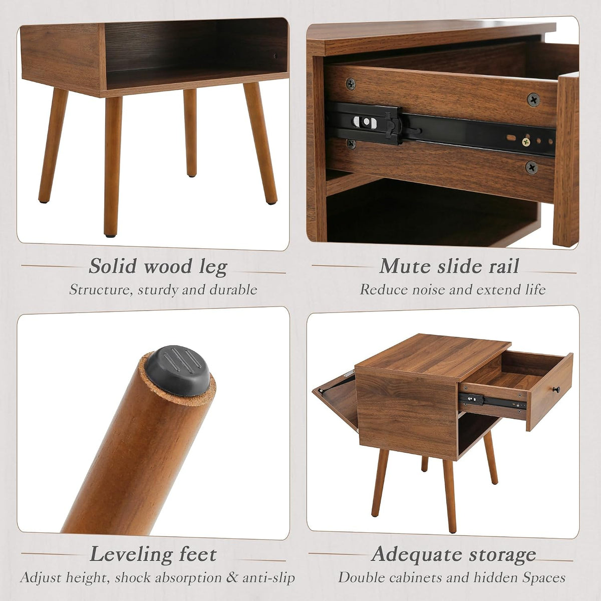 Hidden Compartment Night Stand Set 2, Mid Century Modern Concealment Furniture, End Table with Storage Drawer, Bedside Table with Wood Legs for Bedroom (2,Walnut)