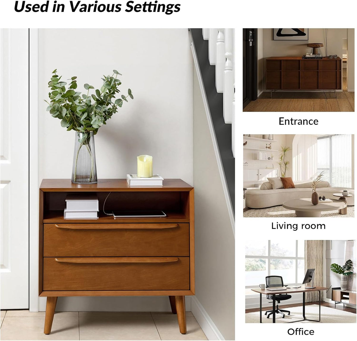 HULALA HOME End Table with Charging Station, 2 Drawers, Set of 2, Acorn