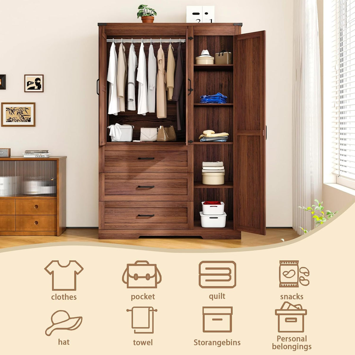 Farmhouse Wooden Armoire Storage Cabinet with Adjustable Shelves & Hanging Rod, 3 Doors Wardrobe Armoire Closet with Drawers, 70" Freestanding Clothing Storage Cabinet for Bedroom, Brown