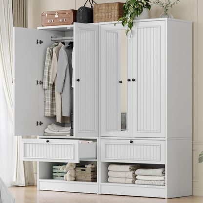 iPormis Wood Armoire Wardrobe Closet with Mirror Door and Drawer, 2 Doors Bedroom Storage Cabinet for Hanging Clothes, White