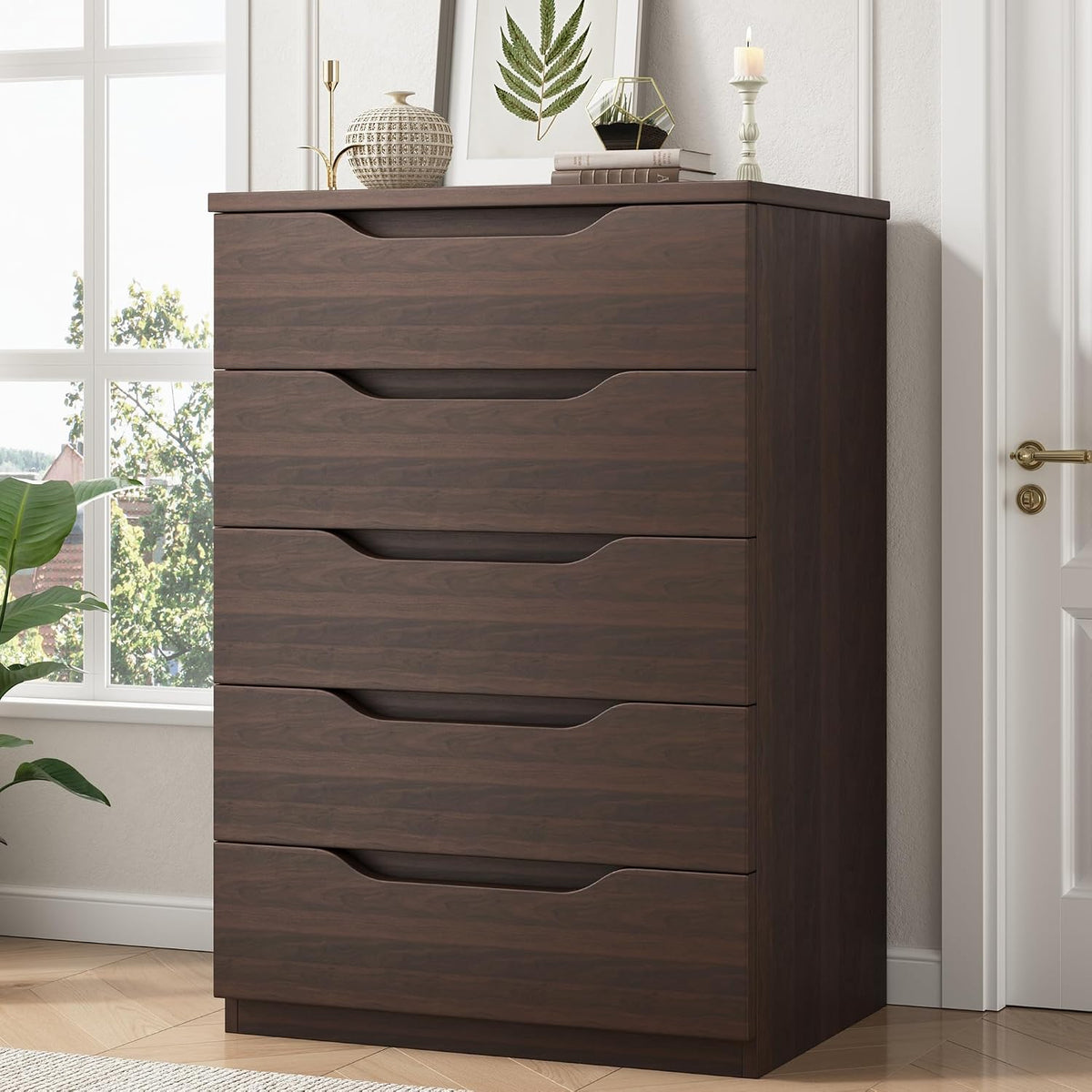 Jocoevol Brown 5 Drawer Dresser for Bedroom, Modern Tall Chest of Drawers