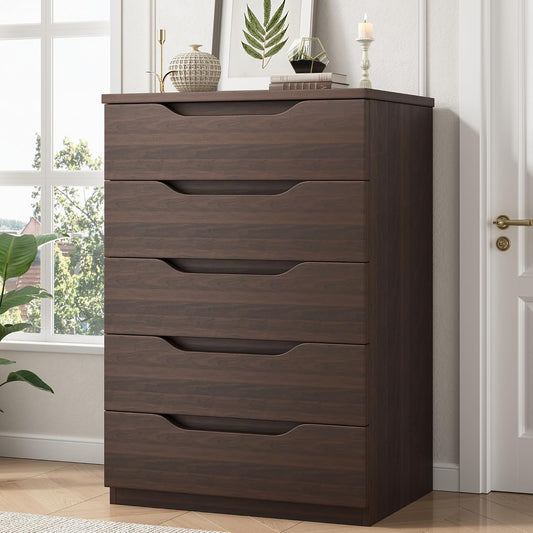 Jocoevol Brown 5 Drawer Dresser for Bedroom, Modern Tall Chest of Drawers