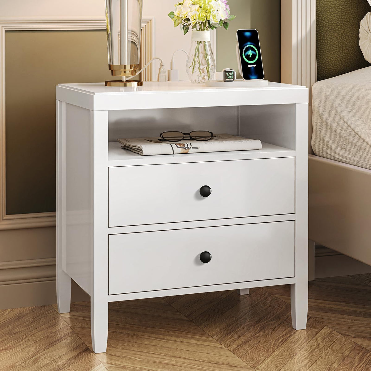 Huuger Black Nightstand Set of 2, Night Stand with Charger Station