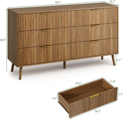 LYNSOM 55" Wide Fluted Dresser for Bedroom with 6 Drawer, Modern Chest of Drawers with Curved Profile Design and Metal Handles, Wood Dresser TV Stand & Storage Organizer for Living Room, Walnut