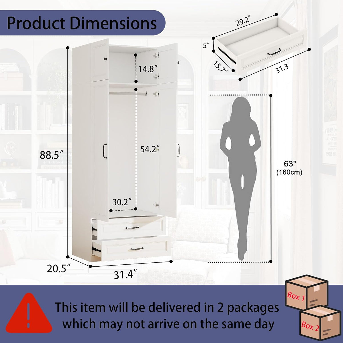 White Armoire Wardrobe Closet with 2 Drawers: 88" H x 32" W
