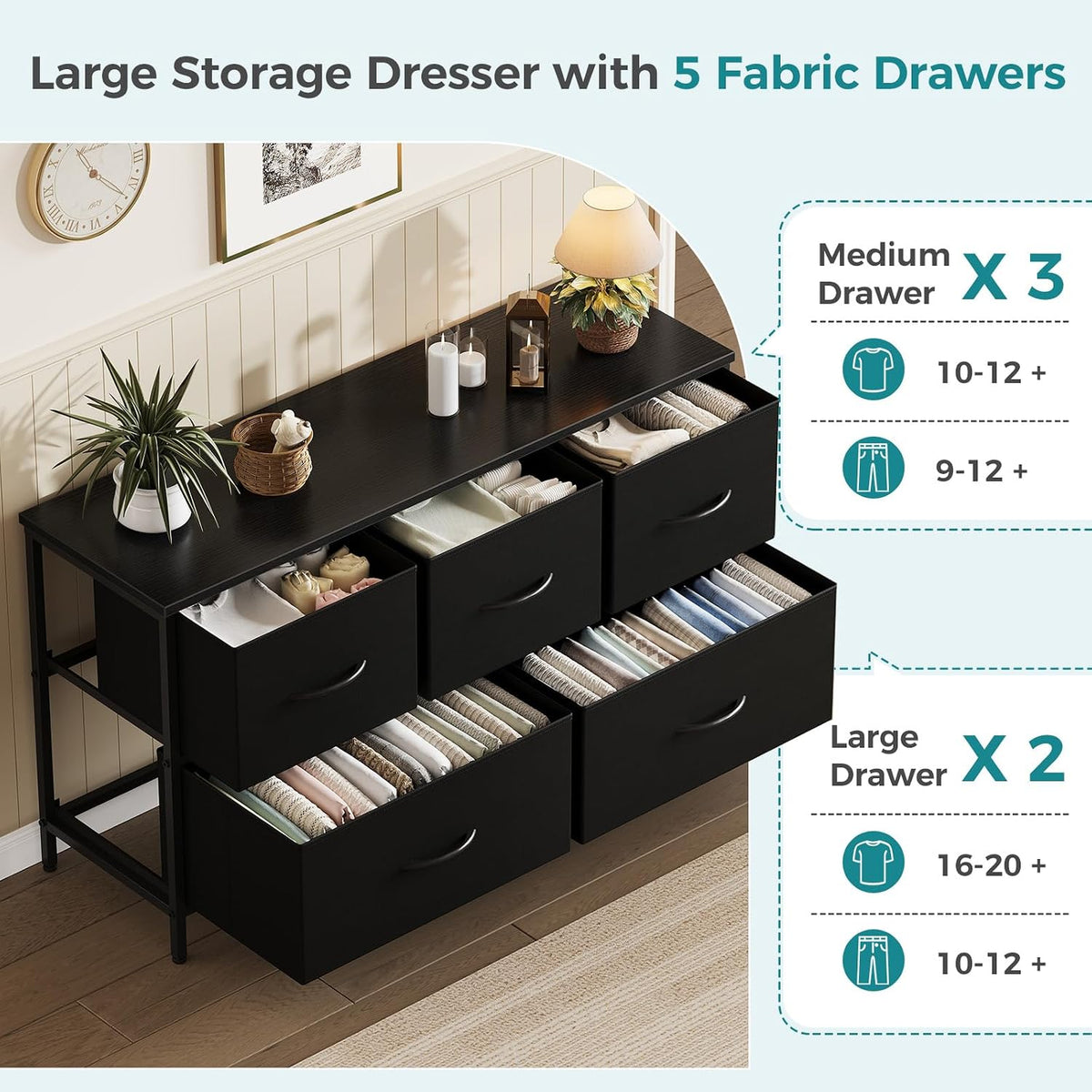 OLIXIS 5 Drawer Black Dresser for Bedroom, Closet Chest Organizer Furniture
