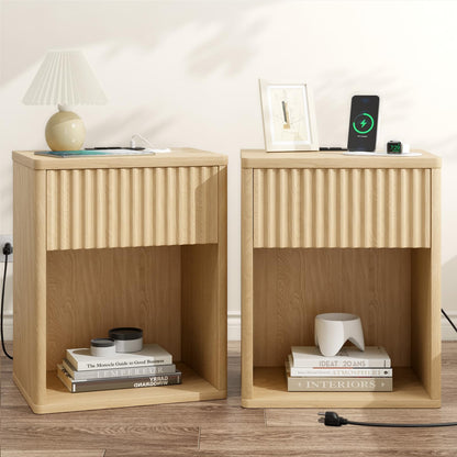 Fluted Nightstands Set of 2 w/Charging Station, Wooden End Table Bed Side Table with Curved Drawer, Mid Century Modern Fluted Night Stand with Rounded Edge for Bedroom, Living Room Sofa, Walnut